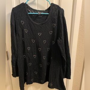 Style Co XL Sweater Black Rhinestone Heart Embellishments Long Length Pullover